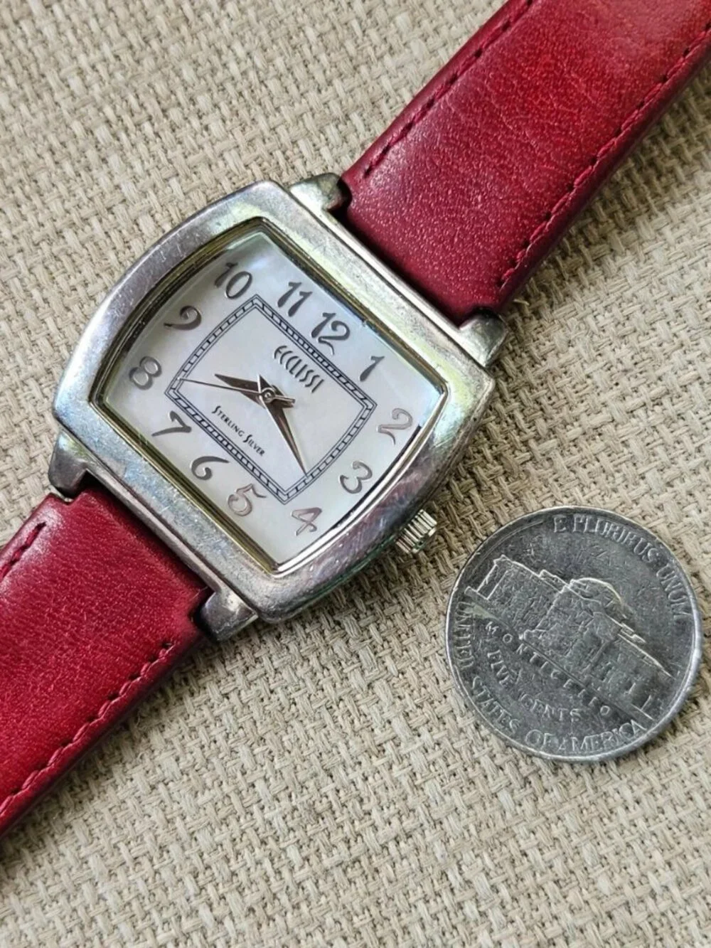 Ecclissi Sterling Silver Ladies Wristwatch Red Genuine Leather 925 Quartz Watch